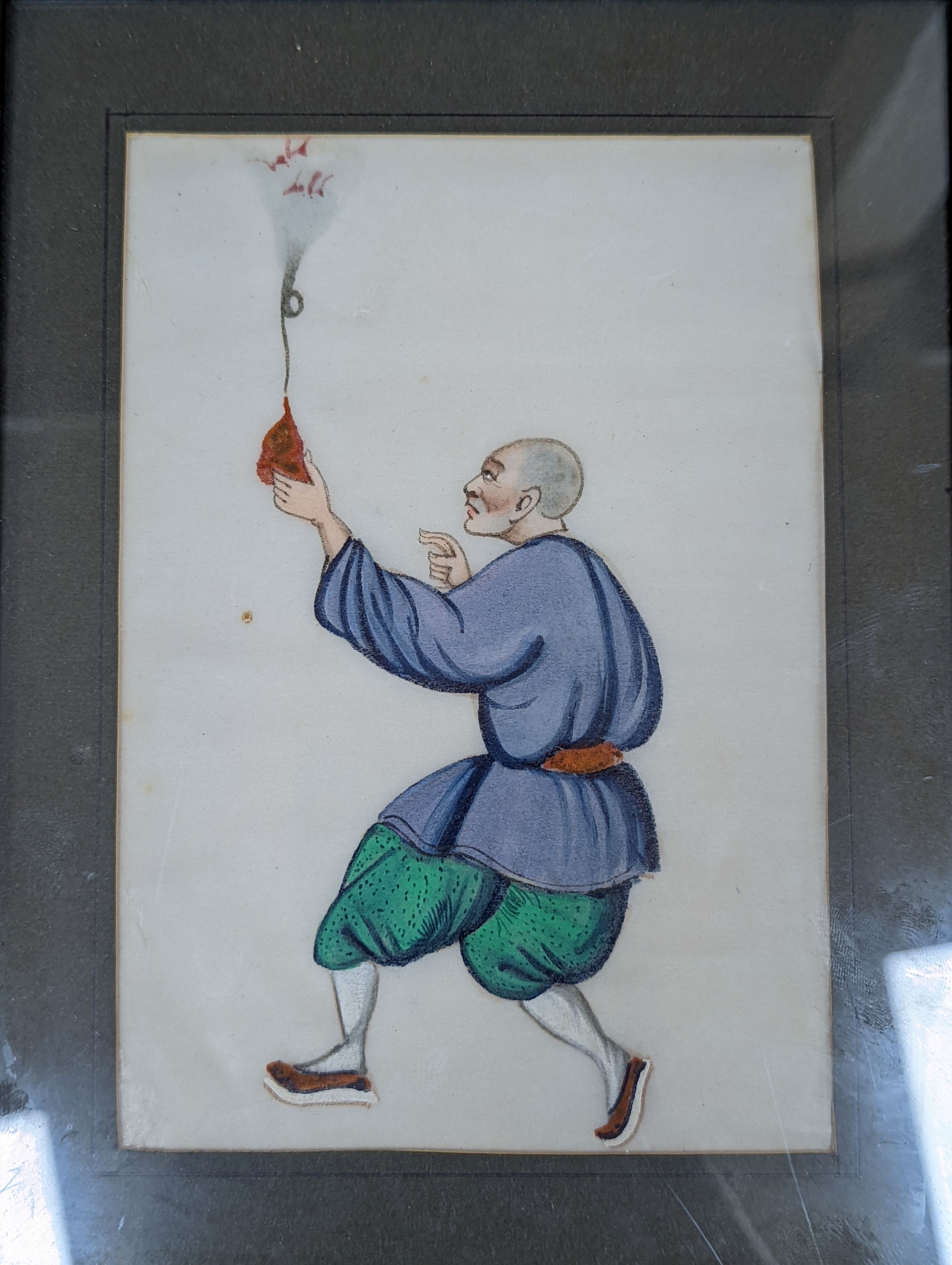 A group of ten assorted Chinese gouache on pith paper paintings, Studies of figures and junks, largest 15 x 10cm